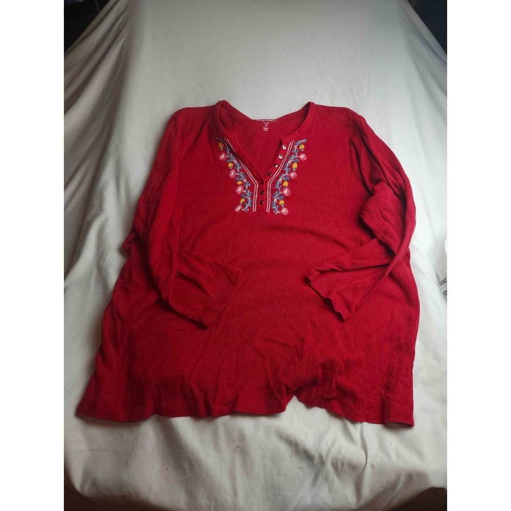 Woman Within Red Waffle Knit Thermal Top Floral Embroidery Henley 3X 30/32